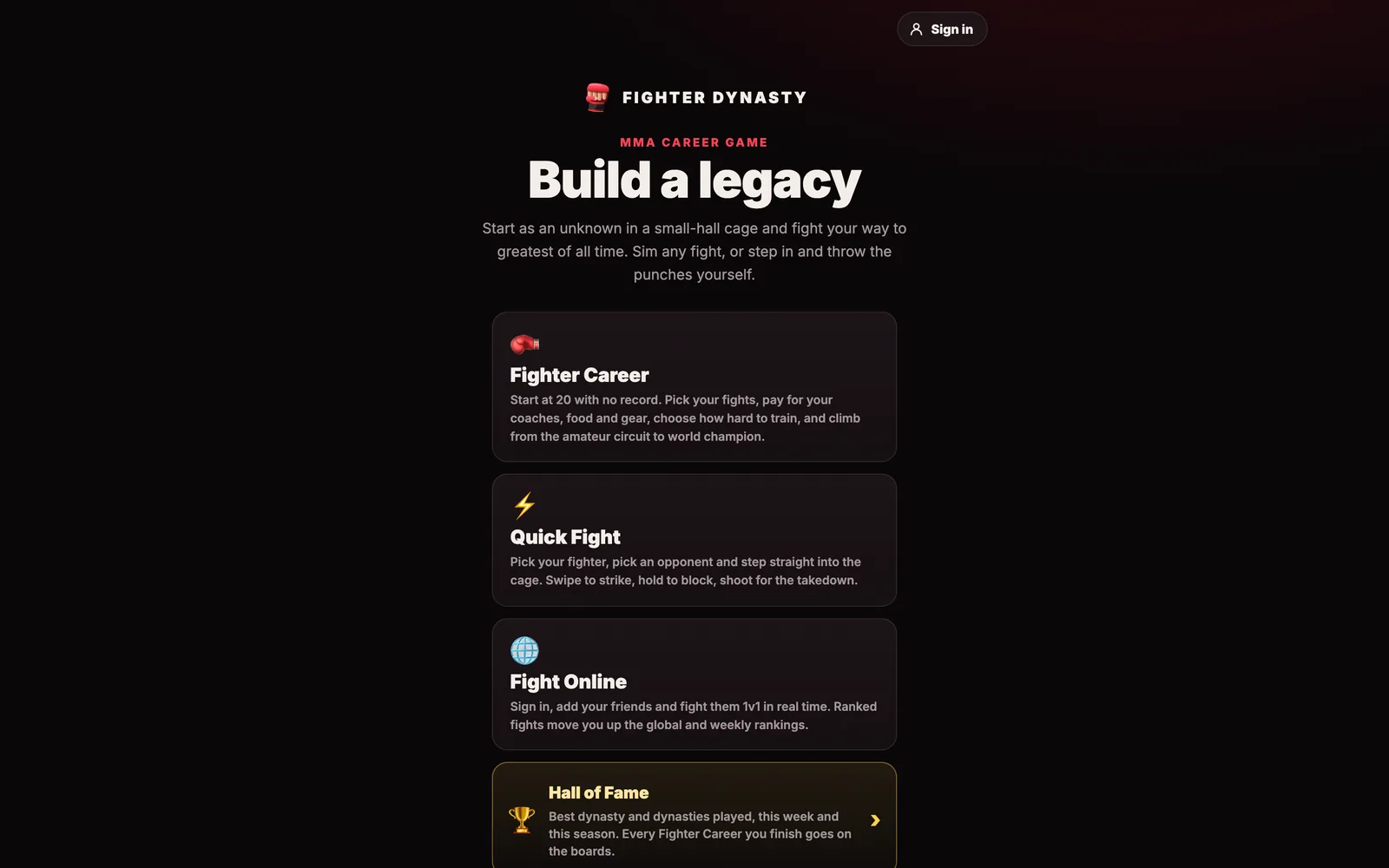 Fighter Dynasty home screen